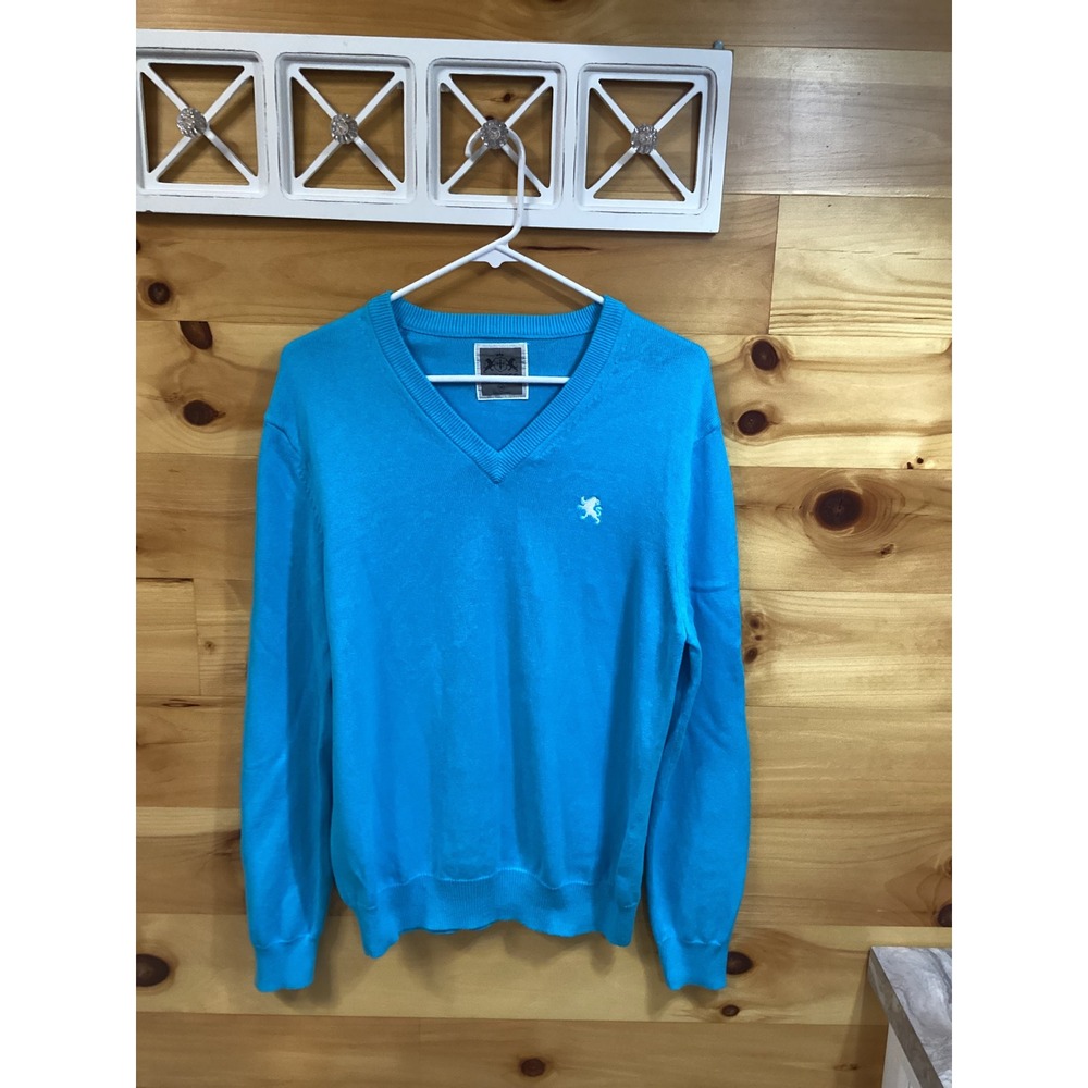 Express Mens V-Neck Sweater Medium Blue 100% Cotton Knit Lion Logo Pullover